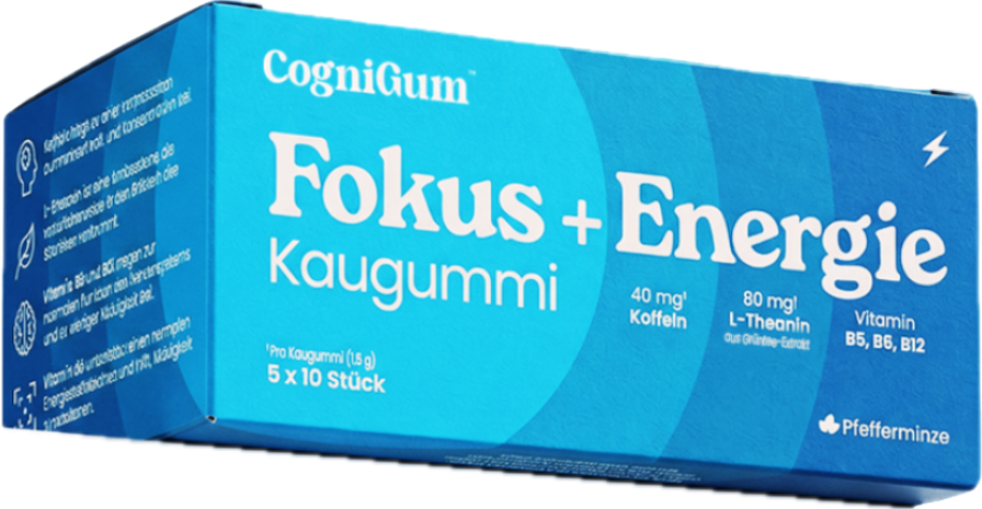 Packung CogniGum Fokus + Energie Kaugummi, 5 × 10 Stück