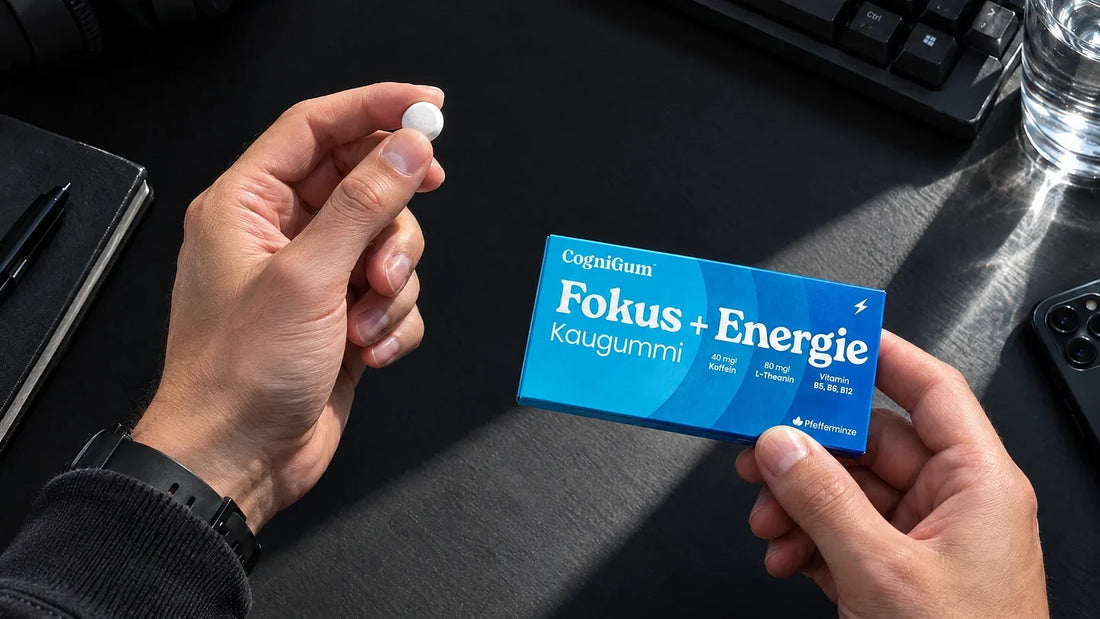 Blick von oben auf einen schwarzen Schreibtisch: Eine Hand hält ein kleines weißes Kaugummi, die andere die blaue CogniGum-Schachtel mit 40 mg Koffein und 80 mg L-Theanin.
