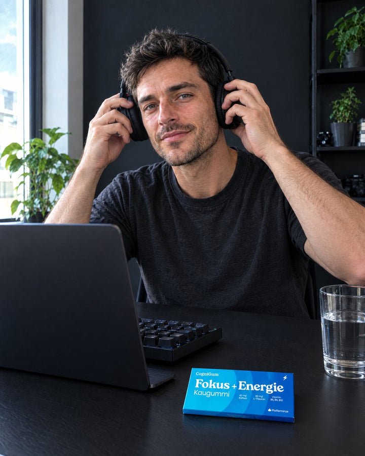 Ein Mann setzt am Schreibtisch seine Kopfhörer auf, vor ihm liegen ein Laptop und die CogniGum-Schachtel.