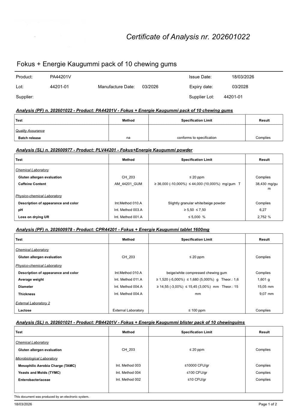 Ausschnitt aus dem Analysezertifikat Nr. 202601022 für die Charge 44201-01