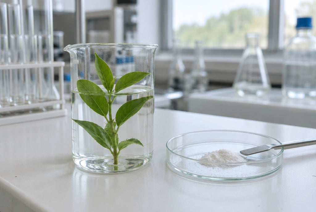Becherglas mit einem frischen Teezweig auf einem Labortisch, daneben eine Glasschale mit weißem Pulver